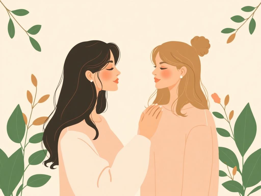 Two women in a supportive, compassionate moment surrounded by botanical leaves