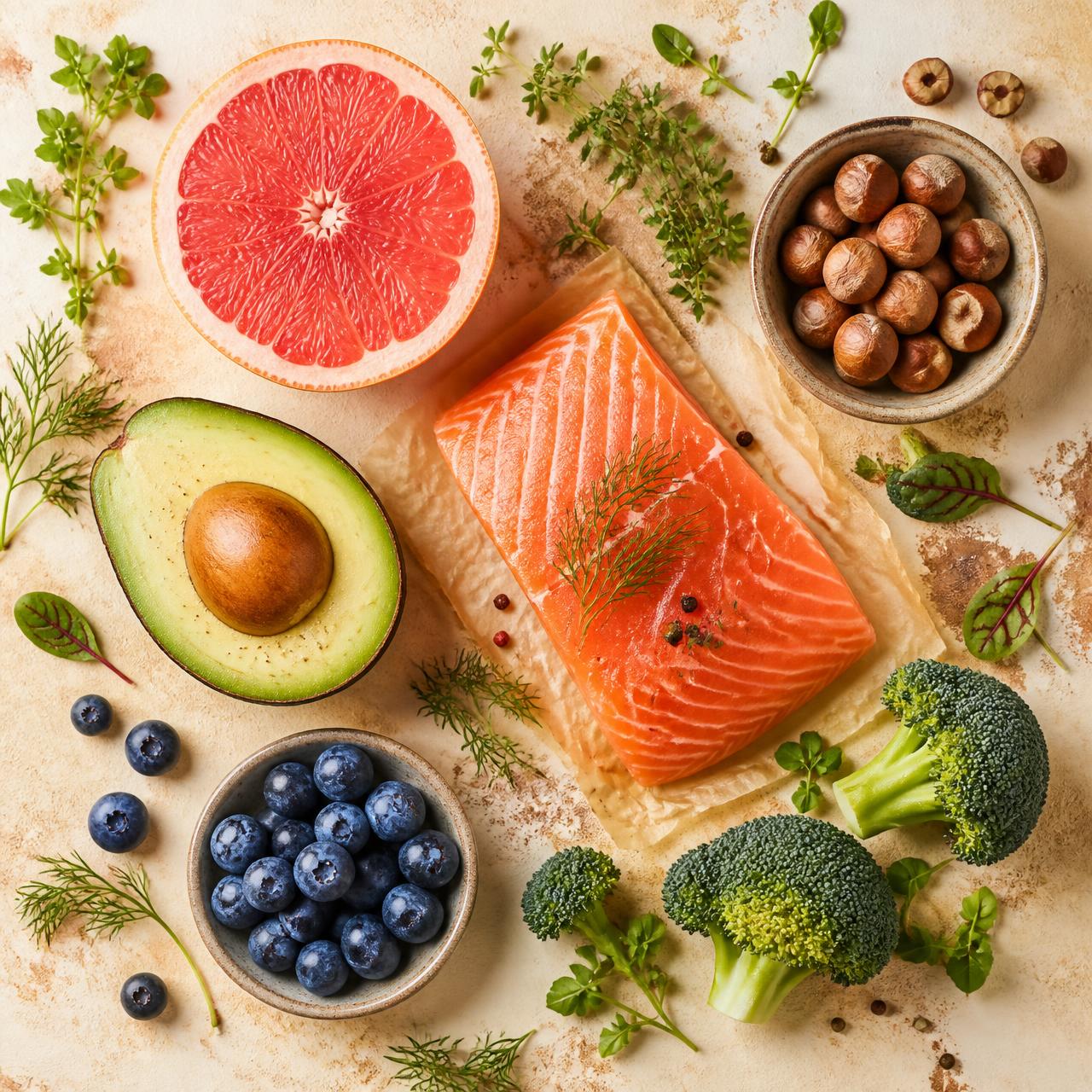 Fresh whole foods — grapefruit, avocado, salmon, blueberries, broccoli, and hazelnuts
